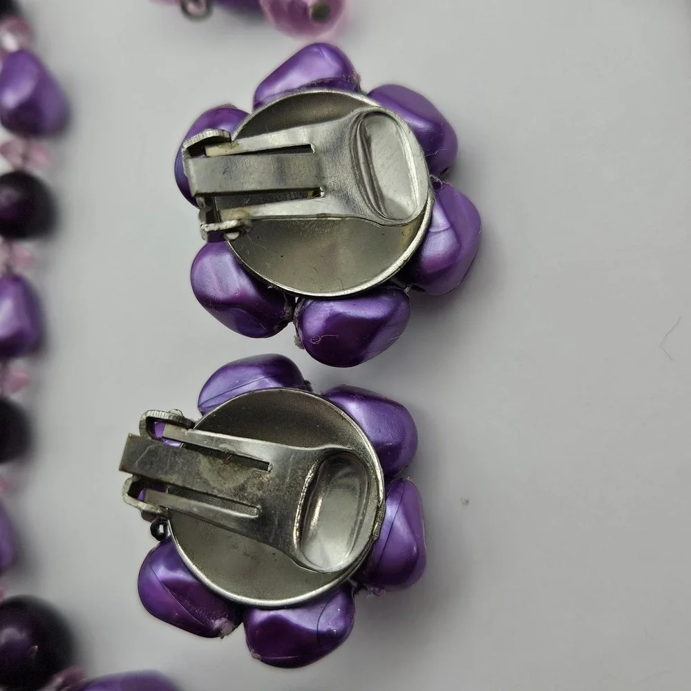 Vintage Purple Bead Double Strand Necklace and Clip On Earring Set Mid Century
